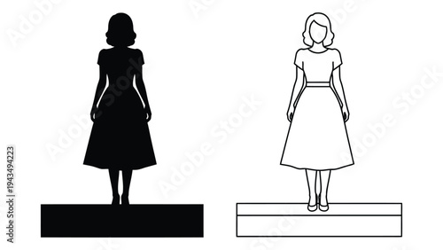 A woman in a dress shown as a silhouette and a line drawing