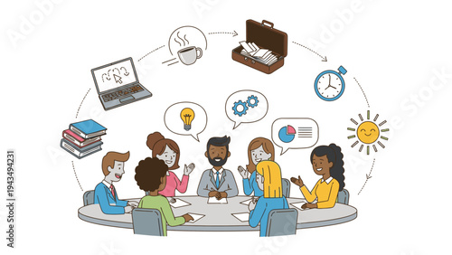 Illustration of a diverse group of people sitting around a table in a brainstorming meeting with various thought bubbles and icons floating above them.