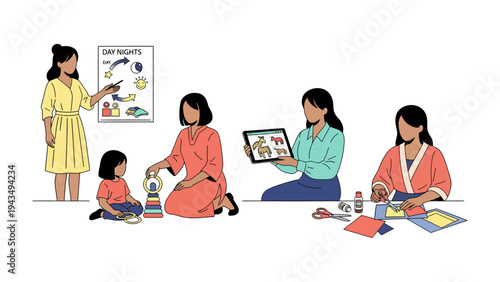 Educator and Early Childhood Education: Depicting a scene of education with an educator guiding an early childhood setting. Illustrates a diverse range of activities that foster learning and growth. 