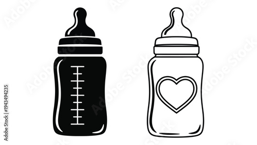 Two baby bottles one with a heart design