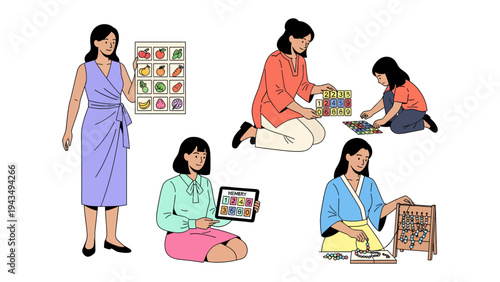 Learning and Teaching: Illustrative depiction of a teacher in various learning environments, engaging with children and educational tools, promoting a sense of discovery and growth.