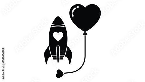 A rocket with a heart on its side flies a heart shaped balloon