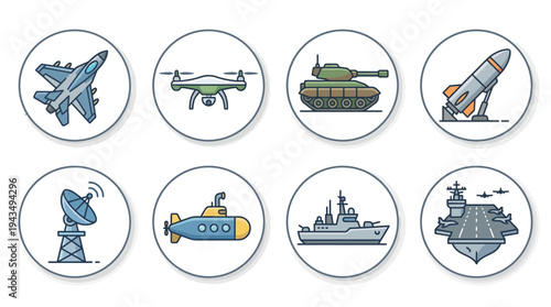War Equipment Icon Set – Fighter Jet Drone Tank Missile Vector Pack