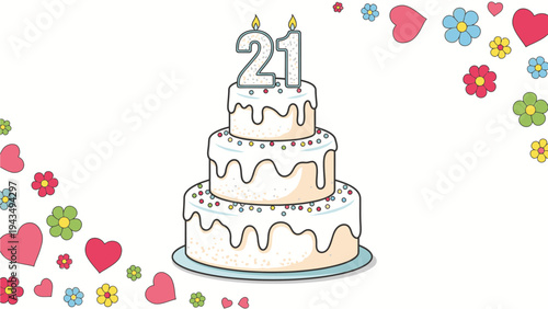 Illustration of a three-tiered birthday cake with a '21' candle on top, surrounded by colorful hearts and flowers on a white background.