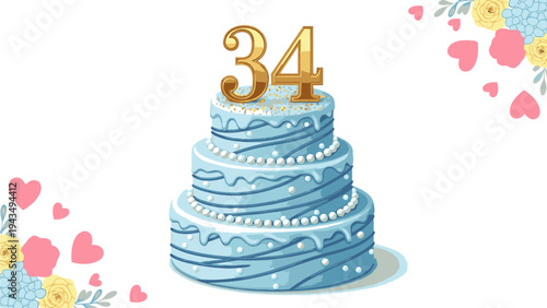 Digital illustration of a blue birthday cake with gold '34' candle surrounded by colorful flowers and hearts on a white background.