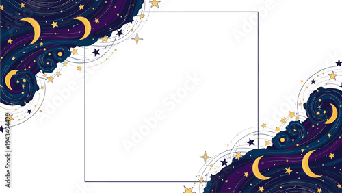 Illustration of a white square frame with a decorative border of swirling purple clouds, yellow crescent moons, and stars on a dark blue background.