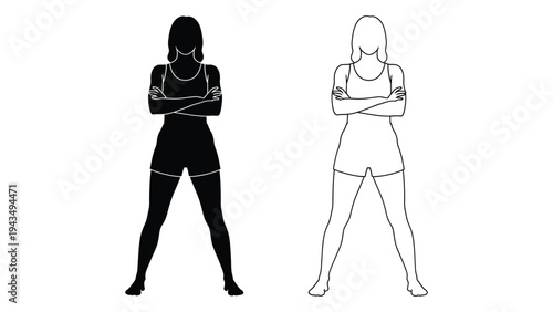 A woman in two poses with her arms crossed