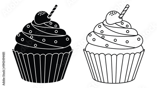 A black and white drawing of two cupcakes