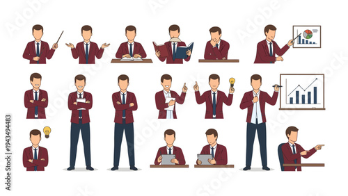 Diverse Business Poses: A curated selection of business illustration featuring a man in various dynamic poses and gestures, ideal for illustrating professional concepts.