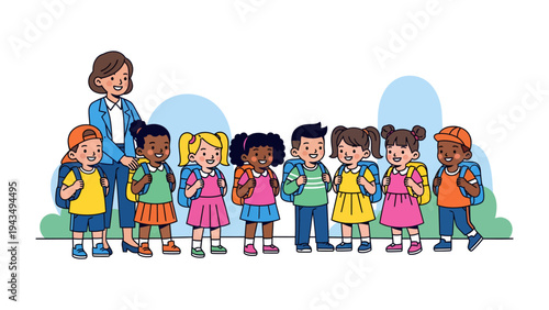 Learning Journey Begins: A caring educator guides a cohort of young students, backpacks at the ready, setting off on their educational adventure. A vibrant illustration of childhood and learning.