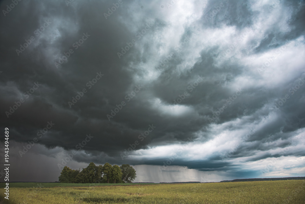 Fototapeta premium Dramatic storm clouds gather over a green field with distant rain showers