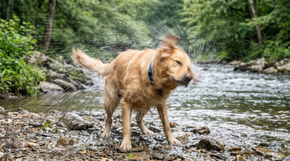 Obraz premium Golden Retriever Shaking Off Water in a Creek.