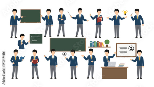 Teacher in Classroom Setup: A set of illustrations depicts a teacher in various poses and interactions within a classroom environment, emphasizing education and guidance.