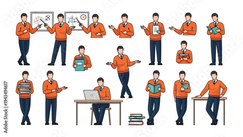 Business Presentation Set: A series of illustrations capturing a professional figure in various poses, from presenting to reading, symbolizing versatile business and academic settings.