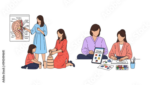 Nurturing Minds and Creativity: A collection of educational illustration, showing different scenes of education activities. Demonstrating knowledge and self-expression.