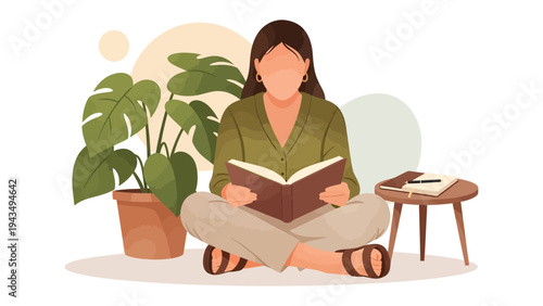 Serene Reading Nook: A woman finds solace in her reading nook, surrounded by a potted plant and a small table, lost in the pages of a captivating book.  A scene of tranquility and personal retreat. 
