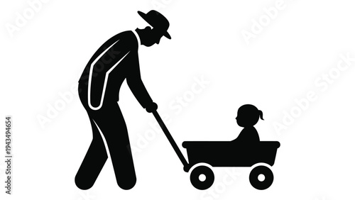 Man pushing a child in a wagon