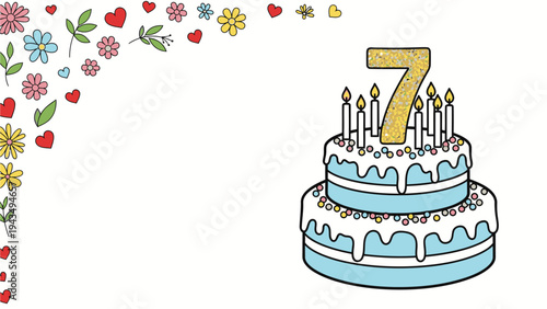 Illustration of a two-tier birthday cake with lit candles and a gold '7' on top, surrounded by colorful flowers and hearts on a white background.