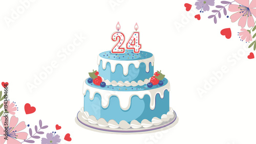 Illustration of a blue birthday cake with white icing and strawberries on a white background with floral decorations and a 24 candle.