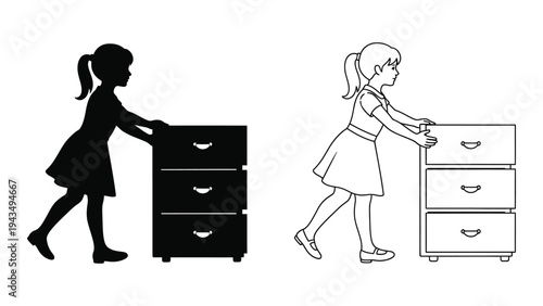 A girl pushing a black dresser and a girl pushing a white dresser