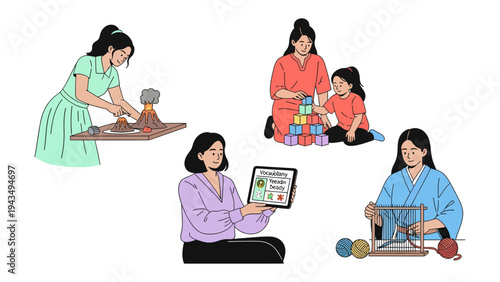 Learning and Creativity: Illustration of various women engaging in learning and creative activities, promoting education and artistic expression