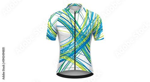 Vibrant abstract cycling jersey with dynamic blue and green lines.