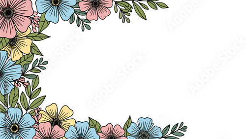 Colorful floral border with pink, blue, and yellow flowers on a white background, flat lay composition with green leaves.