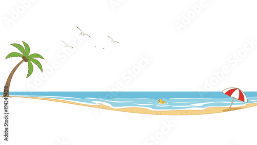 Flat illustration of a serene beach scene with a palm tree, a red umbrella, and a swimmer in calm blue waters against a white background.