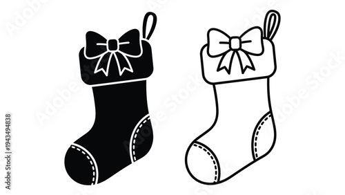 A black and white illustration of christmas stockings