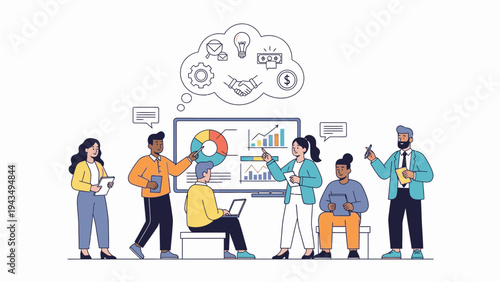 Illustration of a diverse group of people collaborating and brainstorming around a large computer screen with graphs and charts in a modern office setting with a creative and productive