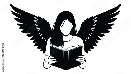 Angel reading a book with large black wings