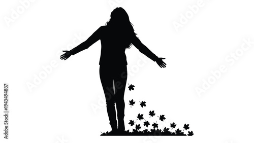 A woman standing with her arms outstretched and flowers