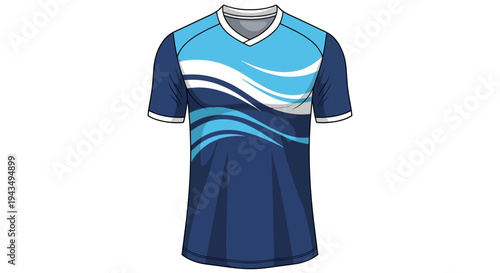 Blue and white short-sleeved sports jersey with V-neck design.