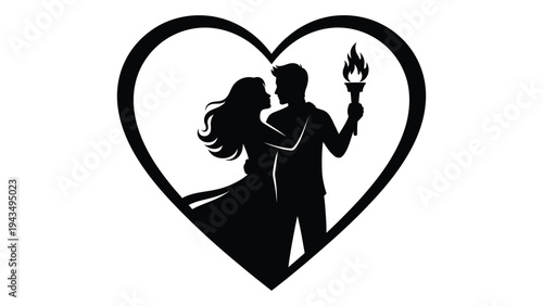 A couple in love silhouette with heart