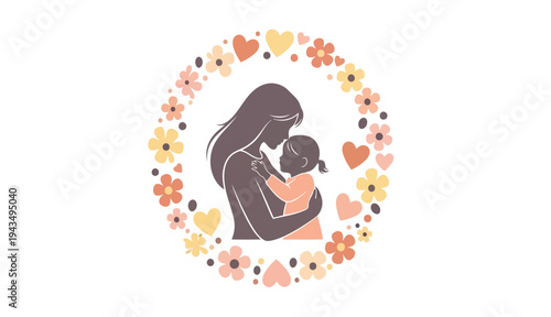 Mother hugging baby silhouette surrounded by a floral and heart wreath isolated on white