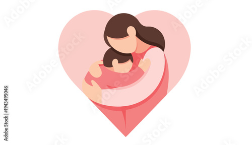 Mother embracing child with love and affection, heart shaped background