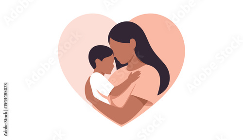 Beautiful black mother holding son with heart backdrop for family love concepts