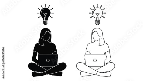 Two women sitting cross-legged with lightbulbs above their heads
