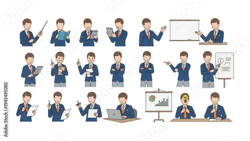 Business Poses: A professional in various poses. Depicting a series of images demonstrating everyday work activities.