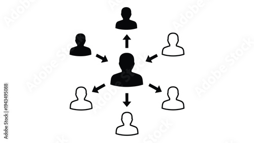 A group of people icons with arrows pointing to and from one central figure