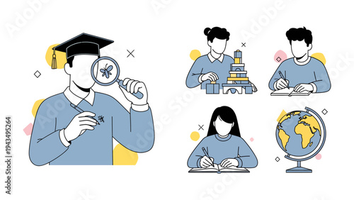 Academic Aspirations: A collection of illustrations depicting students engaging in diverse academic pursuits, symbolizing the journey of knowledge, research, and global awareness.