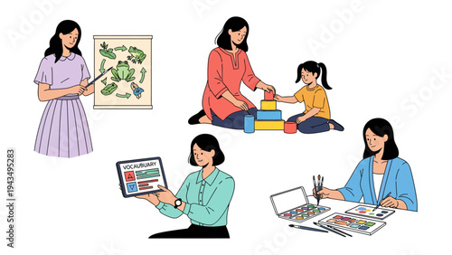 Childhood Education and Growth: Capture the essence of childhood learning with educators guiding children through lessons, crafting art, and exploring the world of numbers and creativity