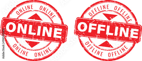 Set of red online and offline round rubber stamps with grunge texture for connectivity status