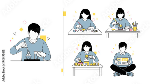 Crafting and Creation: A collection of individuals engage in various creative endeavors, from painting and sculpting to model building and digital design, showcasing the joy of hands-on activities. 