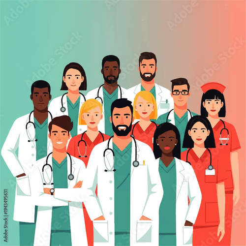 Healthcare Heroes: A diverse group of dedicated medical professionals stands together, embodying compassion and expertise in a vibrant display of unity.