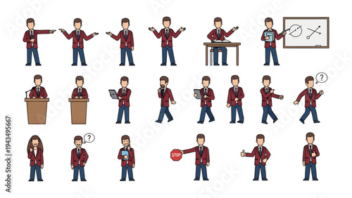 Digital Persona: A collection of various expressions and actions of a digitally illustrated character, presenting versatility for multiple applications. 