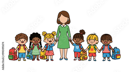 School Days: A teacher and a group of diverse children stand united, ready for a day of learning. Representing the core values of education and unity.