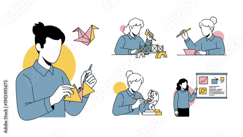 Artistic Endeavors: The illustration shows a group of individuals engaging in a diverse array of creative pursuits, from origami to artistic sculpting and data presentation.