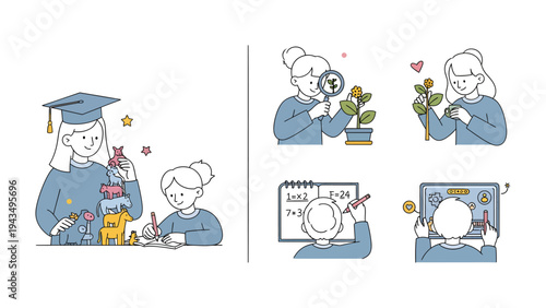 The Path of Knowledge: A collection of educational illustration, showing the joy of learning from academic graduation to the study of biology.