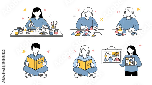 Creative Pursuits: A collection of illustrations showcasing individuals engrossed in artistic endeavors, promoting creative expression and the joy of learning. 
